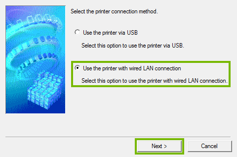 Printer connection method selection screen.