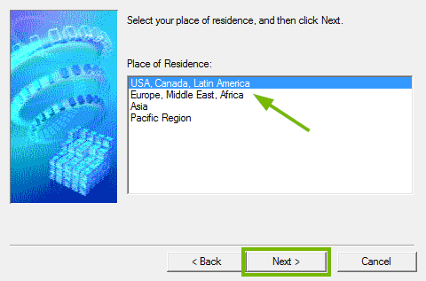 Region selection screen.