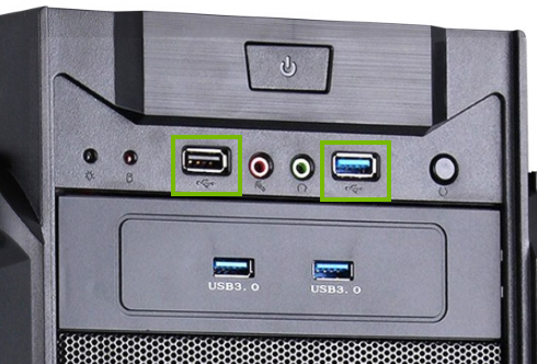 Stock photo of a desktop computer with the available USB ports highlighted.