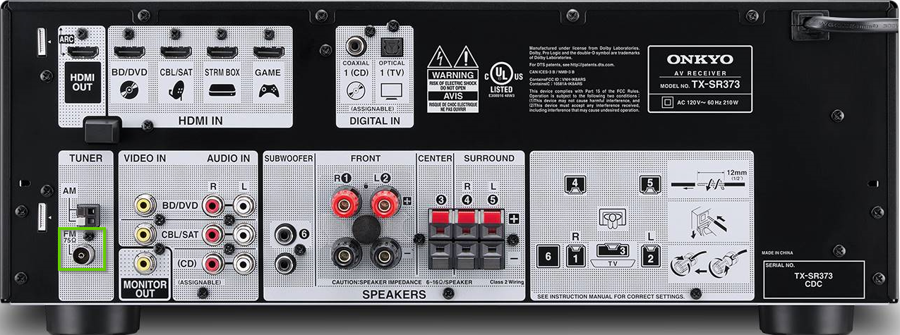The back of an onkyo receiver showing the FM port