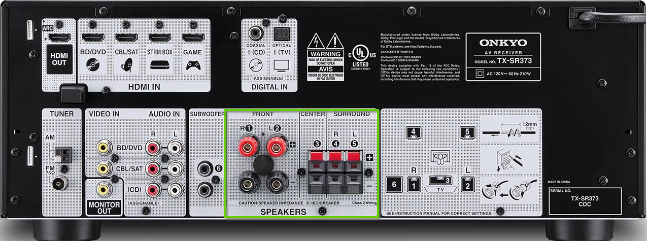 The back of an onkyo receiver showing the speaker connection