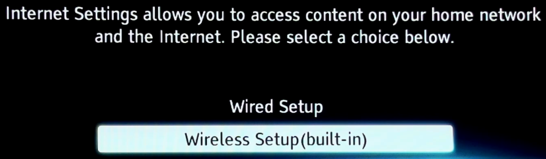 Network connection type selection screen