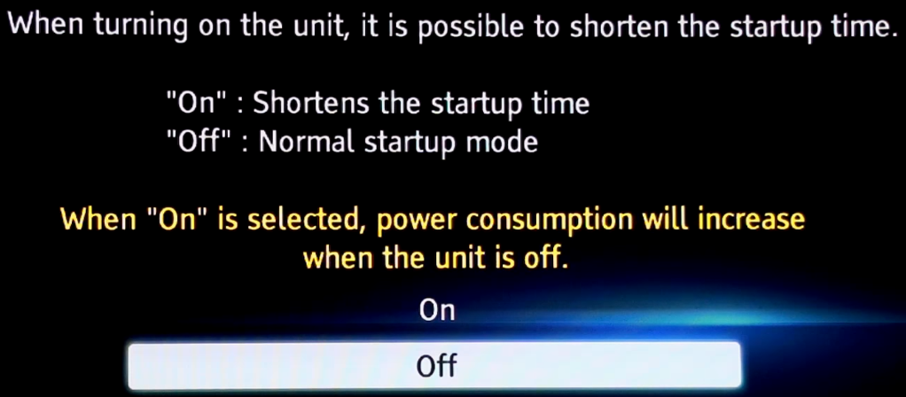 Quick Start Mode toggle screen in initial setup