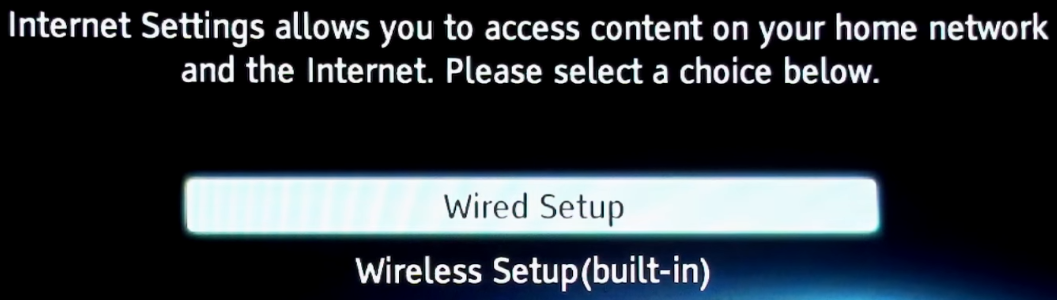 Network connection type selection screen