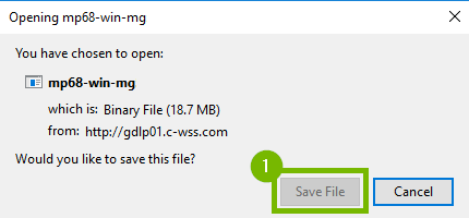 Mozilla Firefox's download popup with the save file button highlighted.