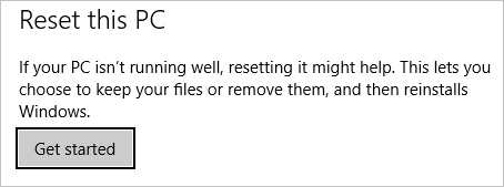 Windows 10 reset this PC prompt.