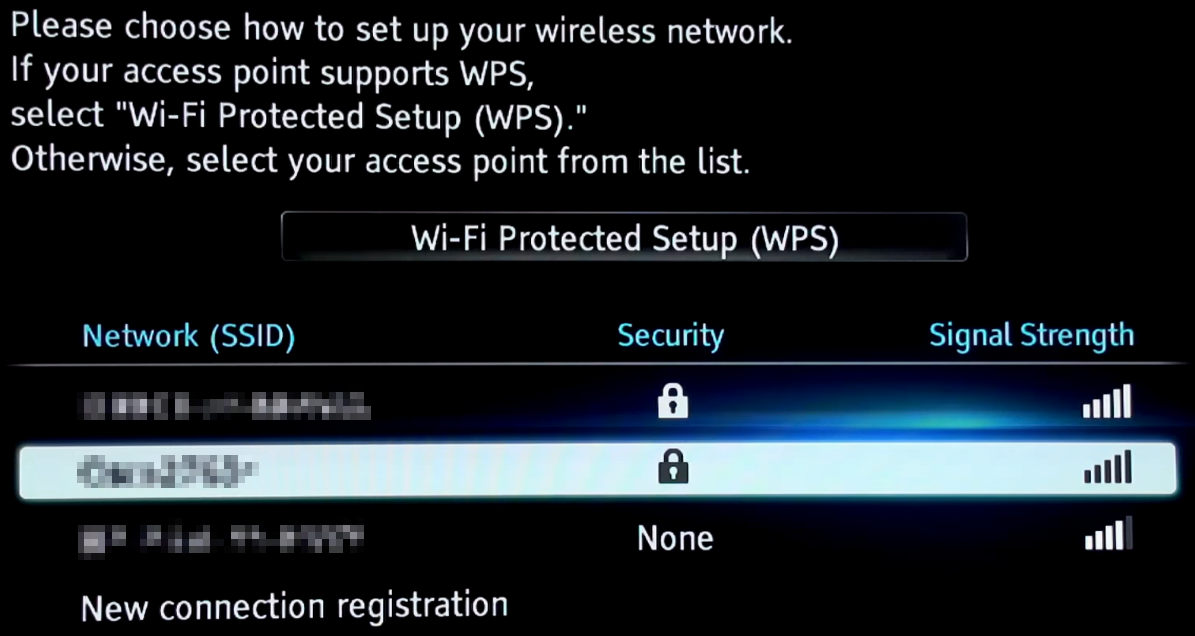 Wi-Fi network selection screen
