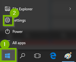 Windows 10 access settings from start menu.