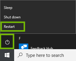 Start menu with Power and Restart highlighted.