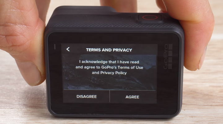 GoPro HERO6 with terms and privacy screen. Disagree and Agree buttons along the bottom.
