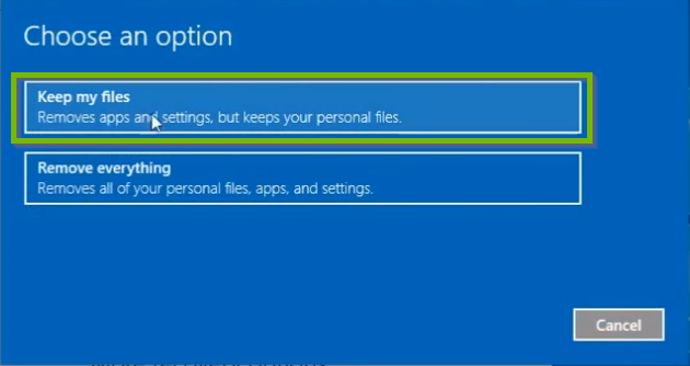 Windows 10 reset interface options.
