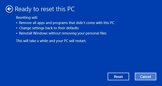 Windows 10 reset ready to begin screen.