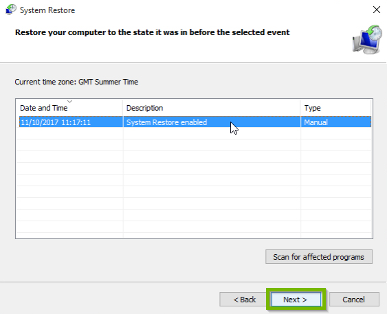Windows 10 list of available restore points.