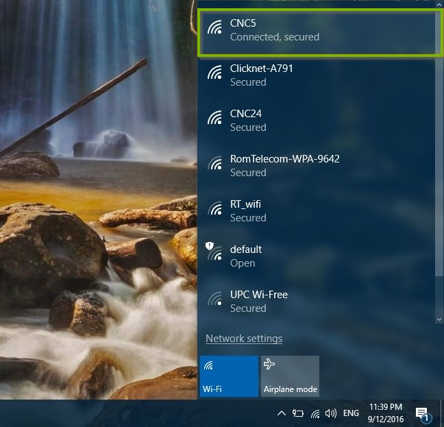 Windows 10 network status and available networks list.