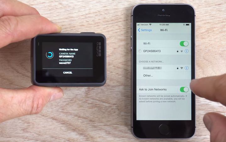 GoPro HERO6 next to a smartphone, demonstrating the Wi-Fi connection process.