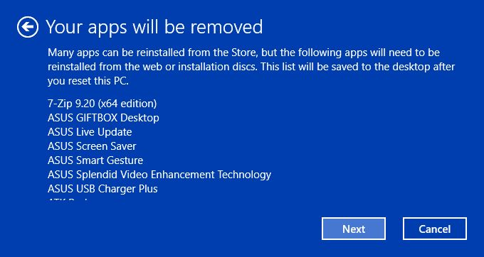 Windows 10 reset interface affected programs list.