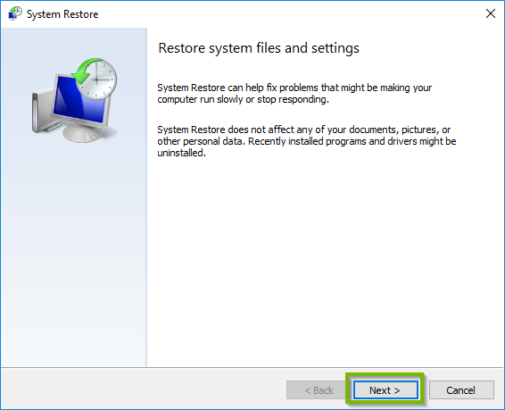 Windows 10 system restore interface.