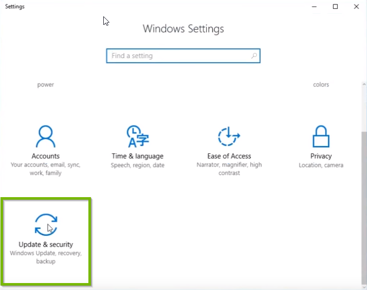 Windows 10 settings menu.