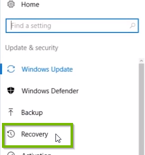 Windows 10 update and security options within left-hand column.