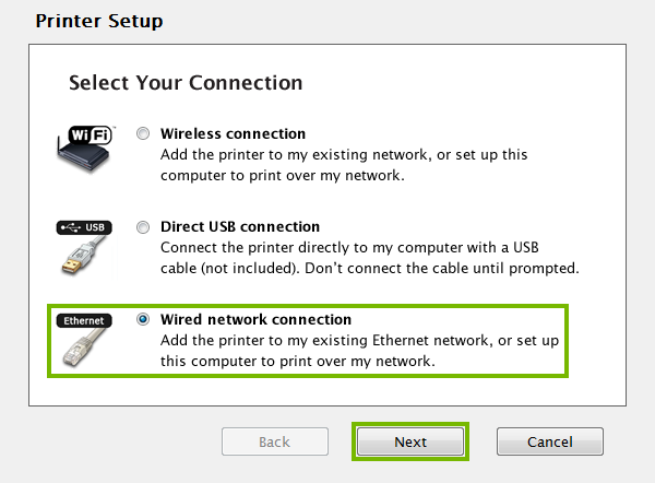 Printer connection type selection screen.