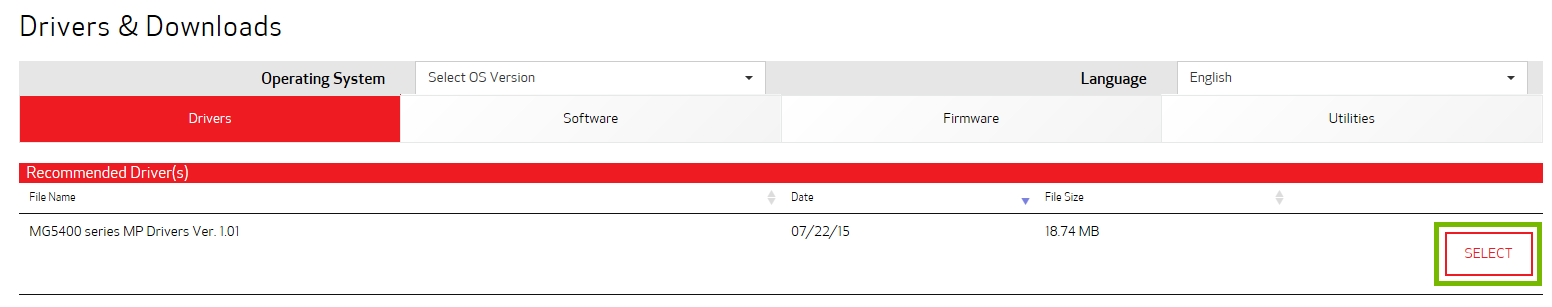 Driver software results page with Select button highlighted.