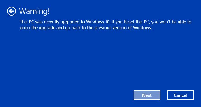 Windows 10 reset interface warning prompt.