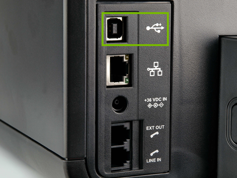 Stock photo of the backside of a common USB printer highlighting the USB port it would use to be connected to a computer.
