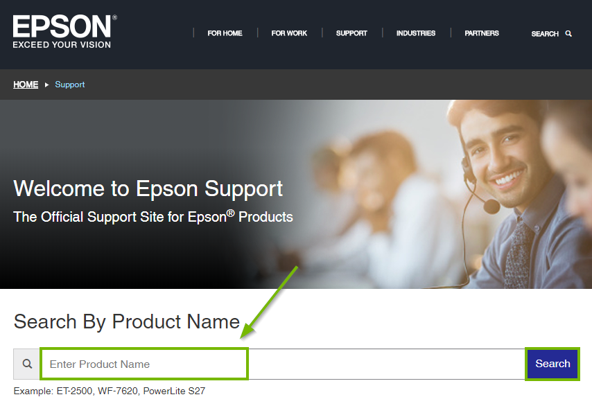 Epson website highlighting the product search box. Screenshot.