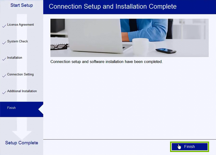 Printer connection setup and software install completion screen.