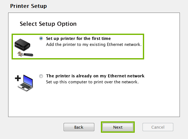 Printer setup method selection screen.