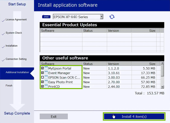 Additional software setup selection screen.