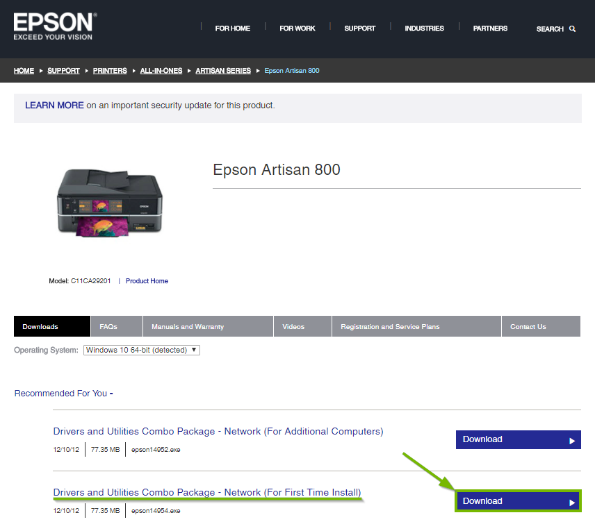 Epson website highlighting the download button for first time printer installation.