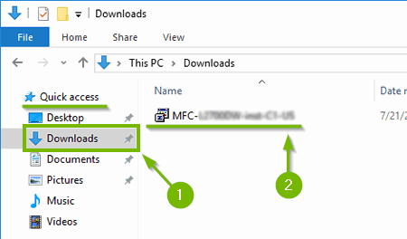 Windows File Explorer window highlighting the downloads folder and the most recently downloaded file.
