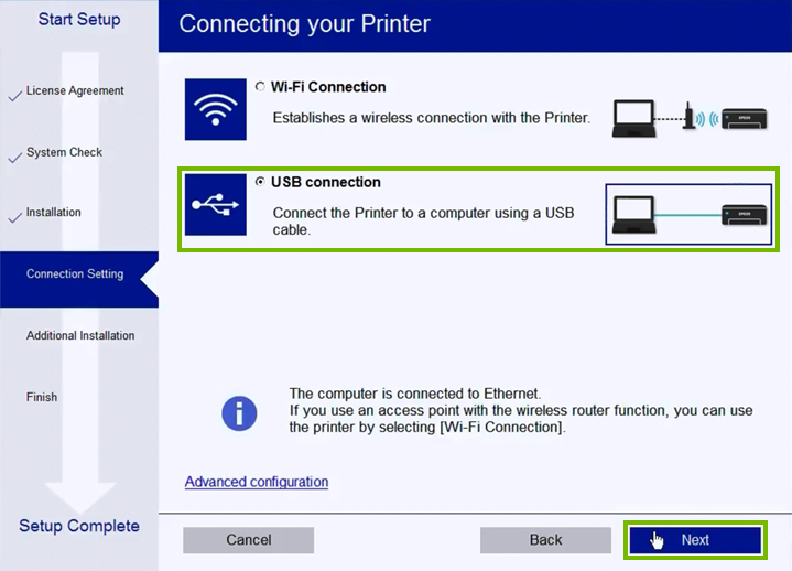 Printer connection type selection screen.