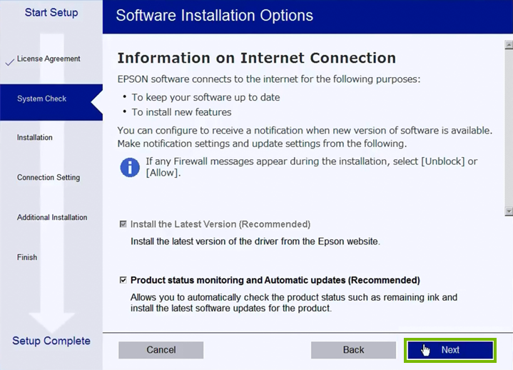 System check screen.