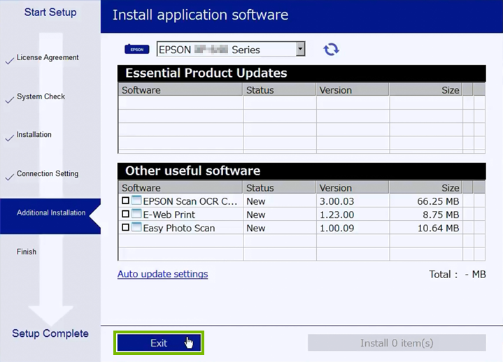 Additional software setup completion screen.