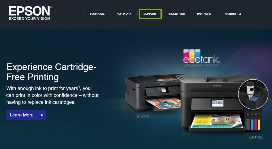 Epson website highlighting the support section. Screenshot.