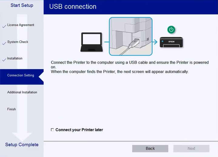 Printer USB cable connection screen.