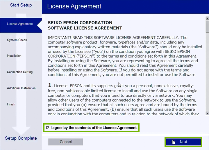 License Agreement acceptance screen in printer software setup.