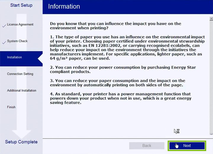 Printer usage tips screen.