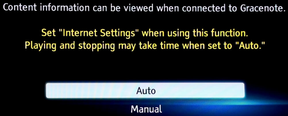 Gracenote settings selection screen