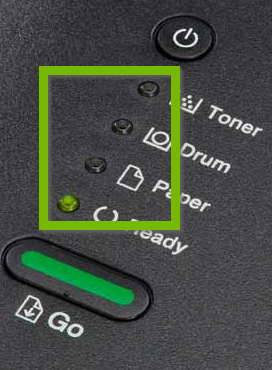 Printer control panel with LEDs highlighted.