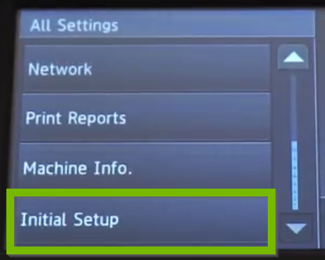 Settings menu with Initial setup selected.