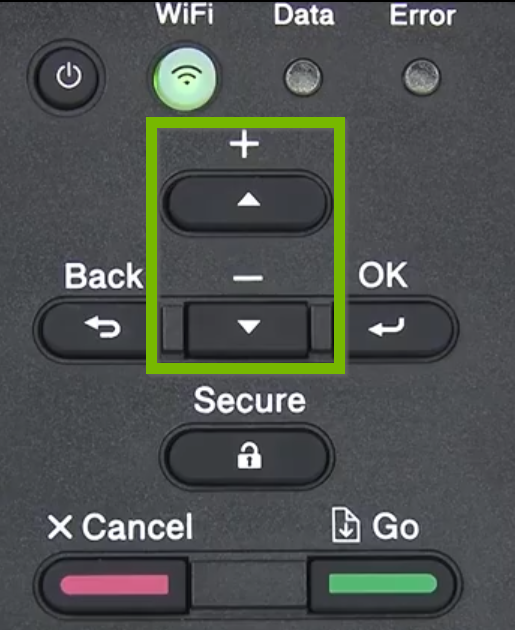 Printer control panel with Up and Down arrows highlighted.