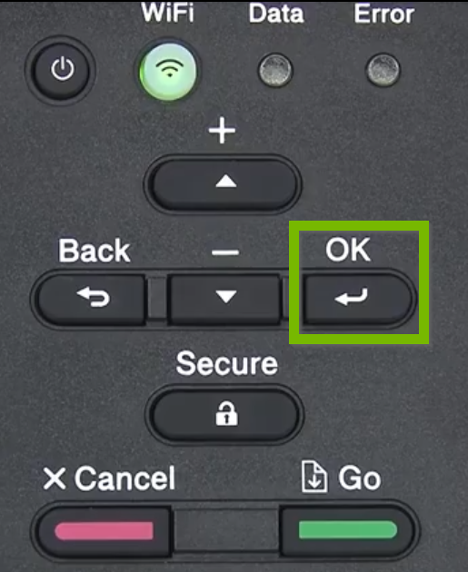 Printer control panel with OK button selected.