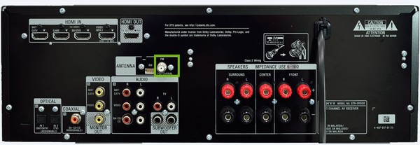 back of tuner with FM Coax input highlighted