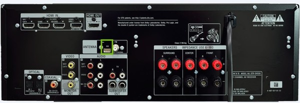 back of tuner with AM antenna input highlighted