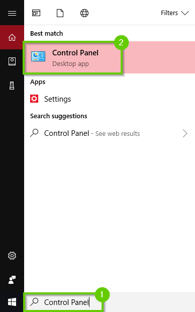 Windows 10 Search with control panel selected