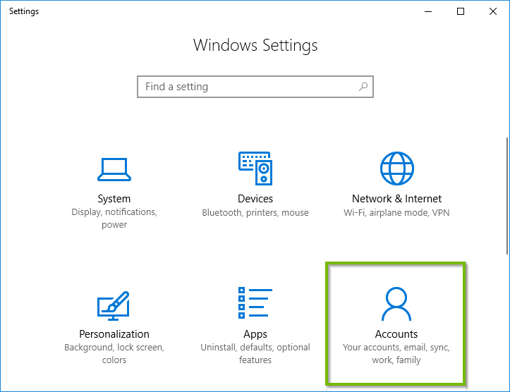 Windows 10 settings menu showing Accounts highlighted