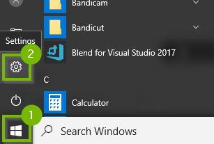 Windows 10 start menu showing settings highlighted